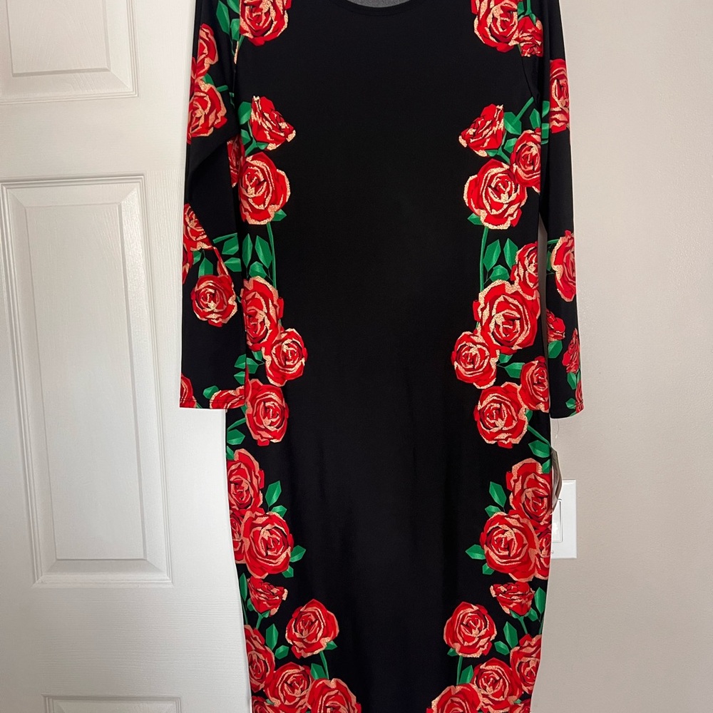 LuLaRoe Black Sheath Dress with Red Floral Long Sleeves